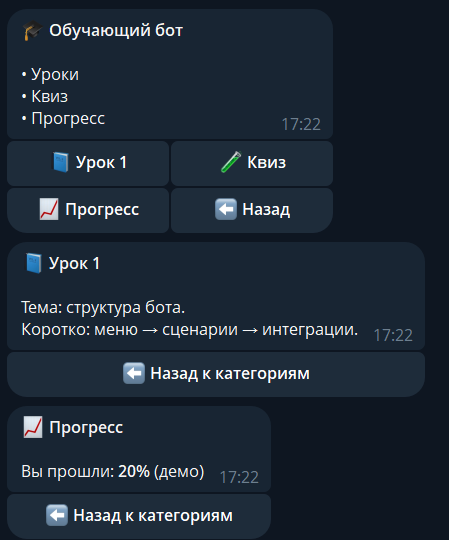 Демонстрация работы обучающего бота